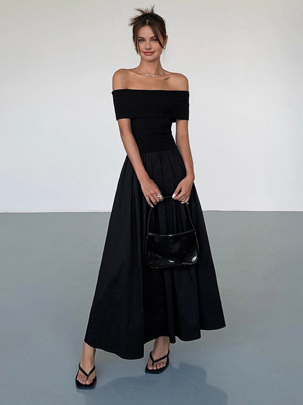 Commense Frenchy Solid Off Shoulder Elegant Minimalist Black Maxi Dress NWT S